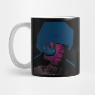 Digital collage, special processing. Strong guy in helmet. Protection, durable. Pink and aqua. Mug